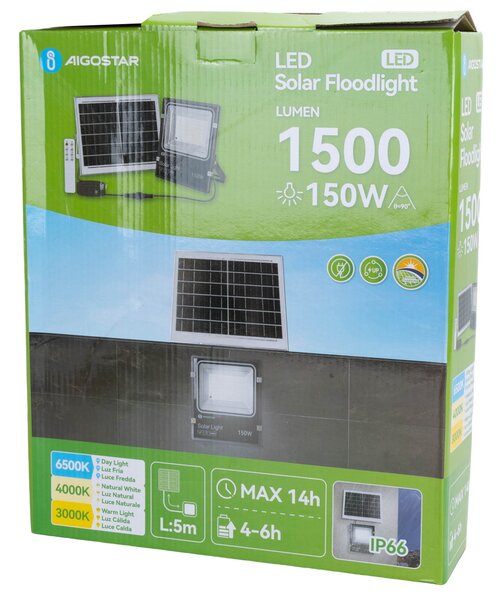 Faro Led 150W Nero con pannello solare IP66 CCT temperatura colore regolabile Dimmerabile con telecomando e crepuscolare Aigostar