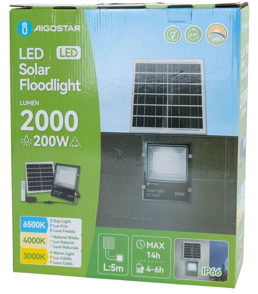 Faro Led 200W Nero con pannello solare IP66 CCT temperatura colore regolabile Dimmerabile con telecomando e crepuscolare Aigostar