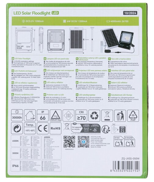 Faro Led 50W Nero con pannello solare IP66 CCT temperatura colore regolabile Dimmerabile con telecomando e crepuscolare Aigostar