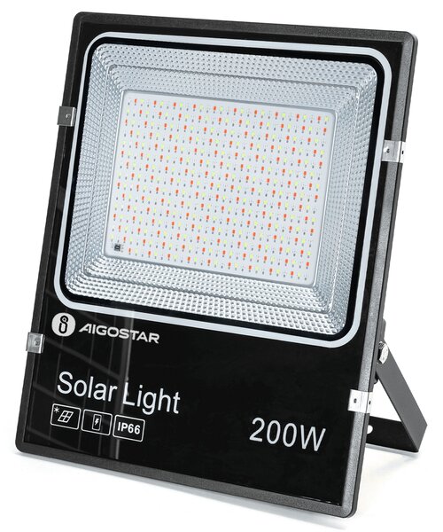 Faro Led 200W Nero con pannello solare IP66 RGB Dimmerabile con telecomando e crepuscolare Aigostar