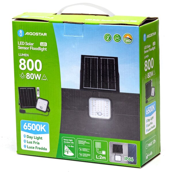 Faro Led 80W Grigio con pannello solare IP66 Bianco freddo 6500K Dimmerabile telecomando con sensore crepuscolare e di movimento Aigostar