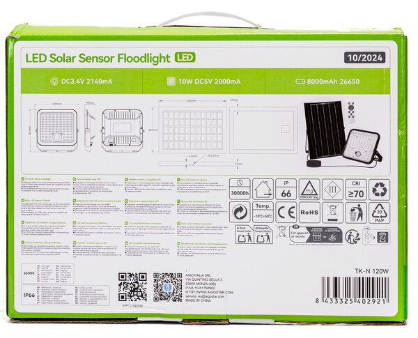 Faro Led 120W Grigio con pannello solare IP66 Bianco freddo 6500K Dimmerabile telecomando con sensore crepuscolare e di movimento Aigostar