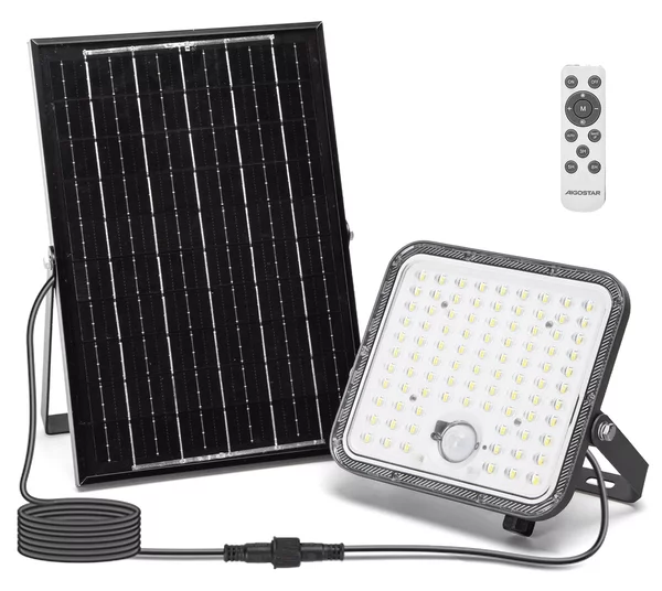 Faro Led 120W Grigio con pannello solare IP66 Bianco freddo 6500K Dimmerabile telecomando con sensore crepuscolare e di movimento Aigostar