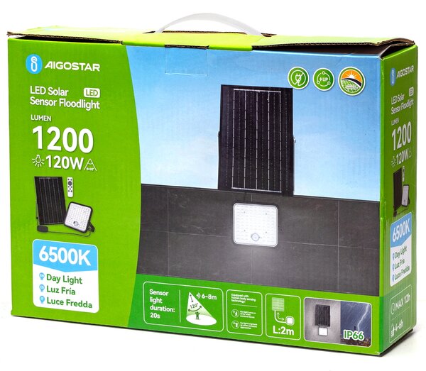 Faro Led 120W Grigio con pannello solare IP66 Bianco freddo 6500K Dimmerabile telecomando con sensore crepuscolare e di movimento Aigostar