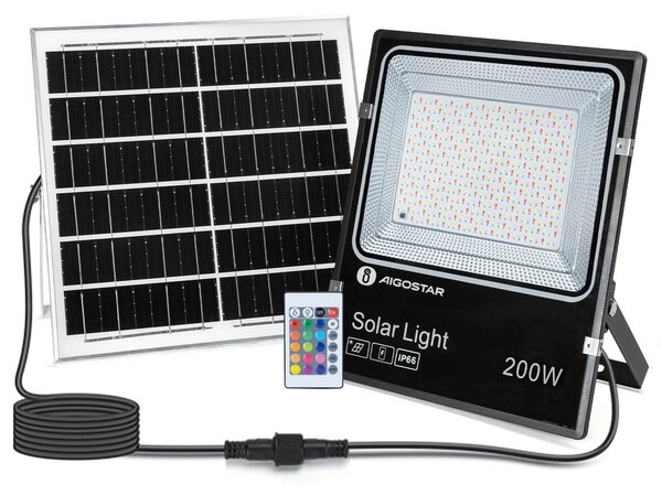 Faro Led 200W Nero con pannello solare IP66 RGB Dimmerabile con telecomando e crepuscolare Aigostar