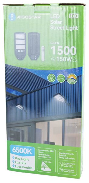 Lampione stradale Led 150W Nero con pannello solare IP65 Bianco freddo 6500K con sensore crepuscolare e di movimento Aigostar