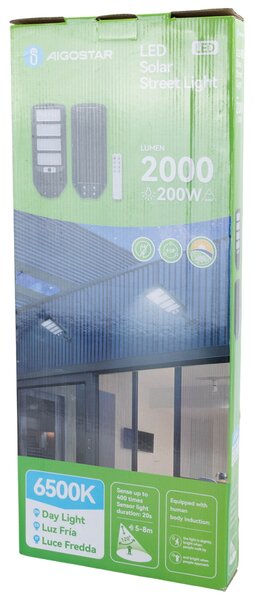 Lampione stradale Led 200W Nero con pannello solare IP65 Bianco freddo 6500K con sensore crepuscolare e di movimento Aigostar