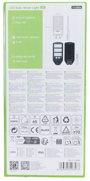 Lampione stradale Led 150W Nero con pannello solare IP65 Bianco freddo 6500K con sensore crepuscolare e di movimento Aigostar