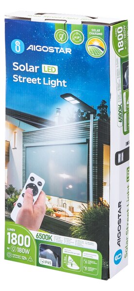 Lampione stradale Led 180W Nero con pannello solare IP65 Bianco freddo 6500K con sensore crepuscolare e di movimento Aigostar