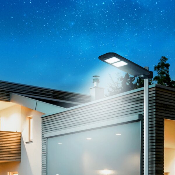 Lampione stradale Led 180W Nero con pannello solare IP65 Bianco freddo 6500K con sensore crepuscolare e di movimento Aigostar