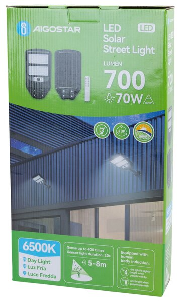 Lampione stradale Led 70W Nero con pannello solare IP65 Bianco freddo 6500K con sensore crepuscolare e di movimento Aigostar