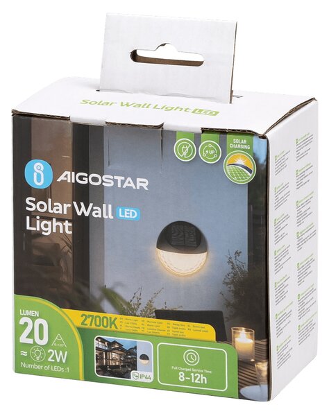 Applique Led 2W Nero con pannello solare IP44 Bianco caldo 2700K con sensore crepuscolare Aigostar