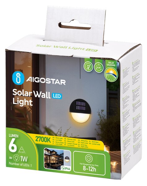 Applique Led 1W Nero Rotondo con pannello solare IP44 Bianco caldo 2700K con sensore crepuscolare Aigostar