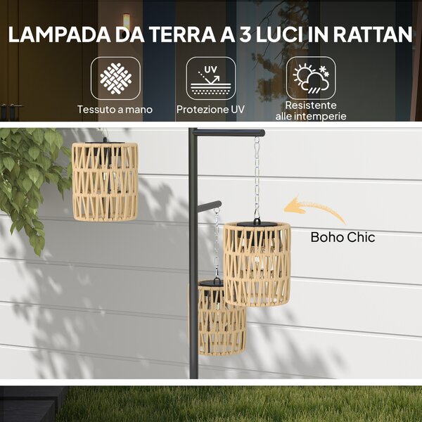 Outsunny Lampada da Esterno Solare in stile Boho con Base Quadrata, in Rattan PE e Acciaio, 45x45x178 cm, Nero e Giallo