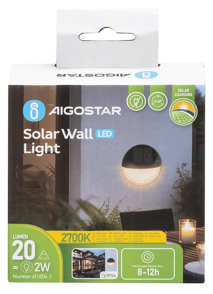Applique Led 2W Nero con pannello solare IP44 Bianco caldo 2700K con sensore crepuscolare Aigostar