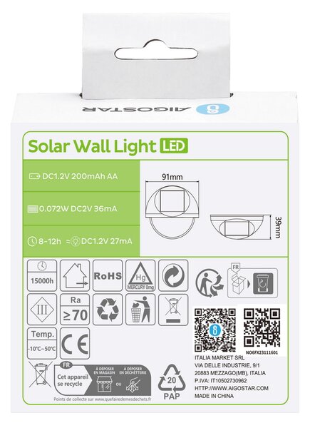 Applique Led 1W Nero Rotondo con pannello solare IP44 Bianco caldo 2700K con sensore crepuscolare Aigostar