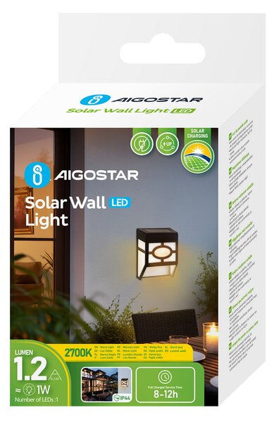 Applique Led 1W Nero con pannello solare IP44 Bianco caldo 2700K con sensore crepuscolare Aigostar