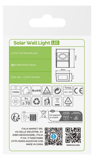 Applique Led 1W Nero con pannello solare IP44 Bianco caldo 2700K con sensore crepuscolare Aigostar