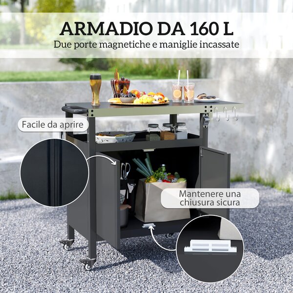 Outsunny Carrello Barbecue con Armadietto, Ripiano Aperto e Tavolino Laterale, in Acciaio Inox, 116x50x93 cm, Nero | Aosom Italy