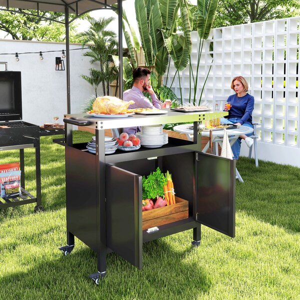 Outsunny Carrello Barbecue con Armadietto, Ripiano Aperto e Tavolino Laterale, in Acciaio Inox, 116x50x93 cm, Nero | Aosom Italy