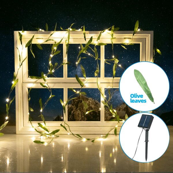 Catena decorata con foglie di ulivo a energia solare 50 Led 2 metri Bianco caldo Aigostar