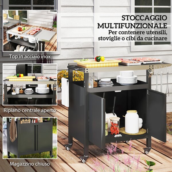 Outsunny Carrello Barbecue con Armadietto, Ripiano Aperto e Tavolino Laterale, in Acciaio Inox, 116x50x93 cm, Nero | Aosom Italy