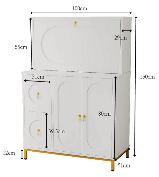 Credenza cucina alta con ripiani e tavolo da lavoro pieghevole, armadio cucina dispensa,100×51×150 cm, bianco | Aosom Italy