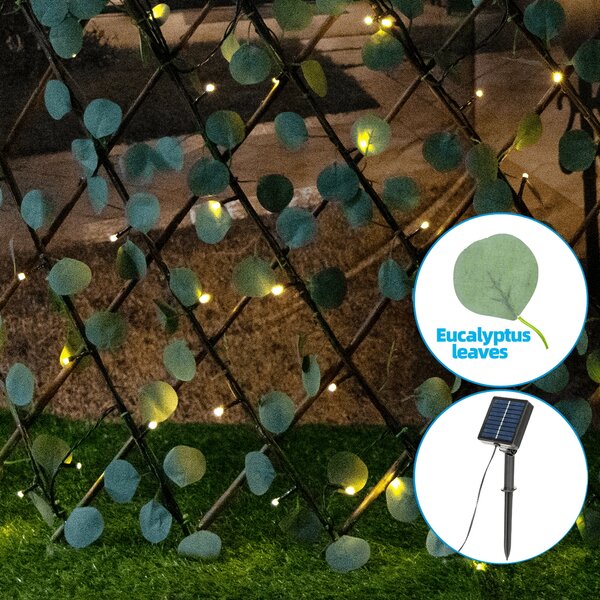 Siepe artificiale luminosa 102 Led a energia solare Recinzione grigliato in legno con foglie di eucalipto da 2 metri alta 50cm Bianco caldo Aigostar