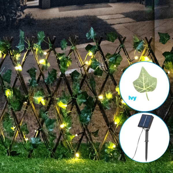 Siepe artificiale luminosa 56 Led a energia solare Recinzione grigliato in legno con foglie di edera da 2 metri alta 30cm Bianco caldo Aigostar