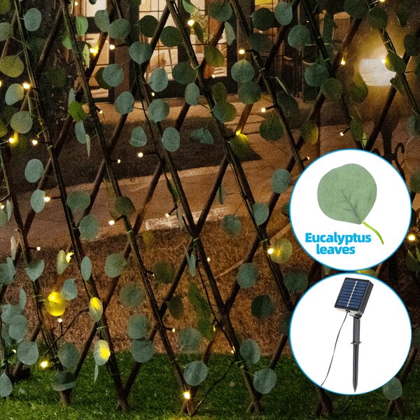 Siepe artificiale luminosa 148 Led a energia solare Recinzione grigliato in legno con foglie di eucalipto da 2 metri alta 1 metro Bianco caldo Aigostar