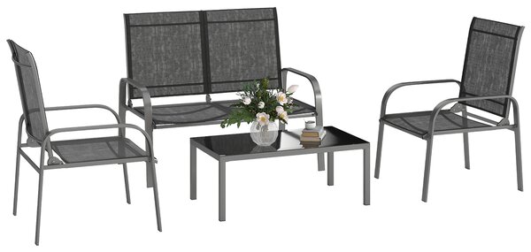 Outsunny Set da Esterno 4pz con Tavolino, 2 Sedie e Divanetto con Schienale Regolabile, in Acciaio e Textilene Nero