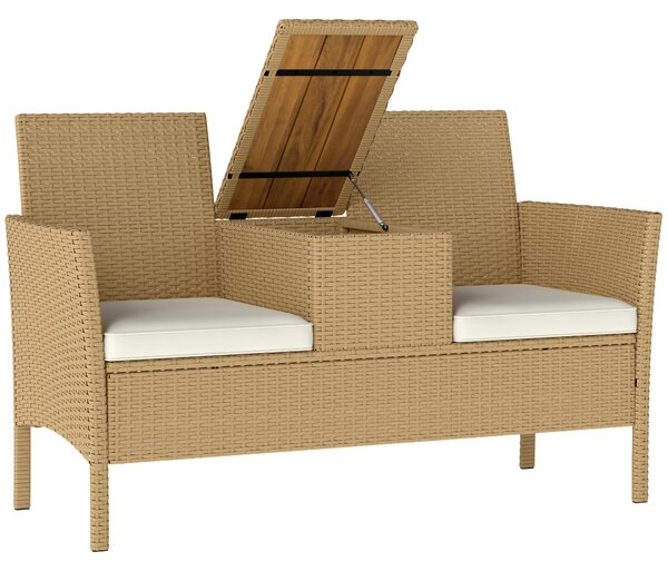 Panca da Giardino con Tavolino a Ribalta Portaoggetti 134x58x82 cm in Rattan e Acciaio Crema e Cachi