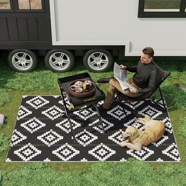 Outsunny Tappeto Esterno per Balcone e Terrazza Reversibile con Fantasia Geometrica, 2.74x1.82 m, Nero e Bianco
