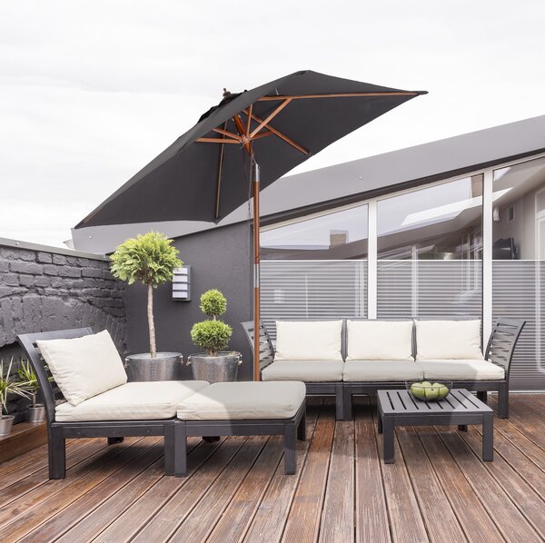 Outsunny Ombrellone da Giardino Inclinabile 2x1.5m, 6 Stecche e Palo in Legno di Abete Apertura a Corda, Grigio Scuro|Aosom