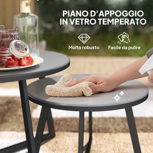 Outsunny Set 2 Tavolini per Esterni con Piano in Vetro Temperato, Ø70x45 cm e Ø50x35 cm, Grigio