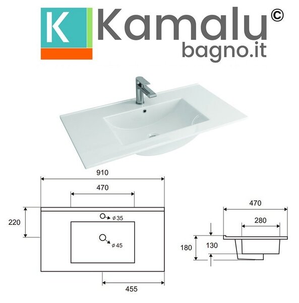 Mobile bagno 90 cm lavabo incasso e due cassetti NEL-90 - KAMALU