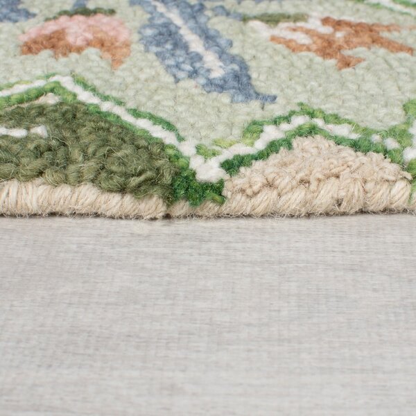 Passatoia verde in lana tessuta a mano 60x230 cm Bryony Shaped Floral - Flair Rugs