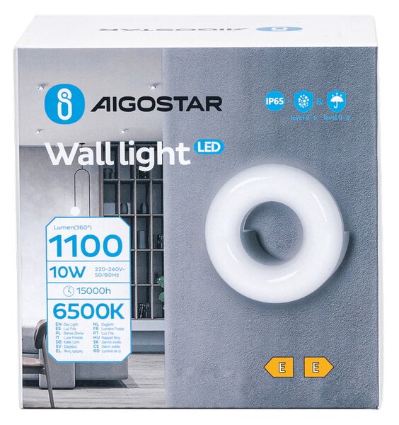 Applique Led da parete Donut 10W rotondo Nero IP65 Bianco freddo 6500K Aigostar
