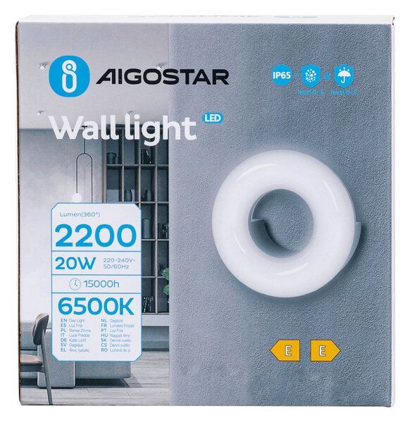 Applique Led da parete Donut 20W rotondo Nero IP65 Bianco freddo 6500K Aigostar