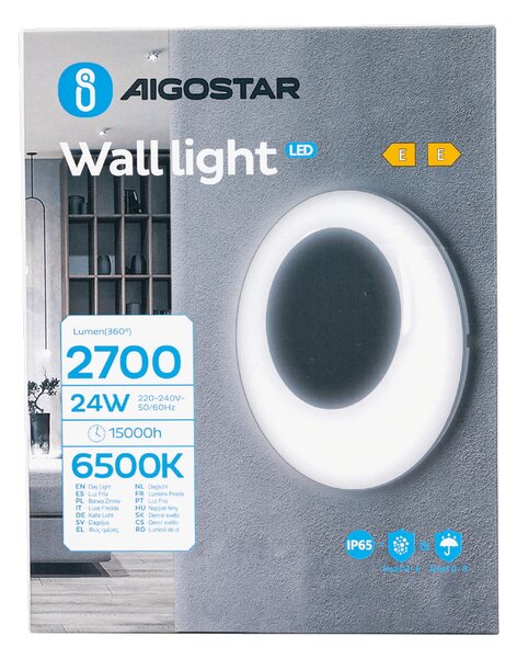 Applique Led da parete slim Eye 24W rotondo Nero IP65 Bianco freddo 6500K Aigostar