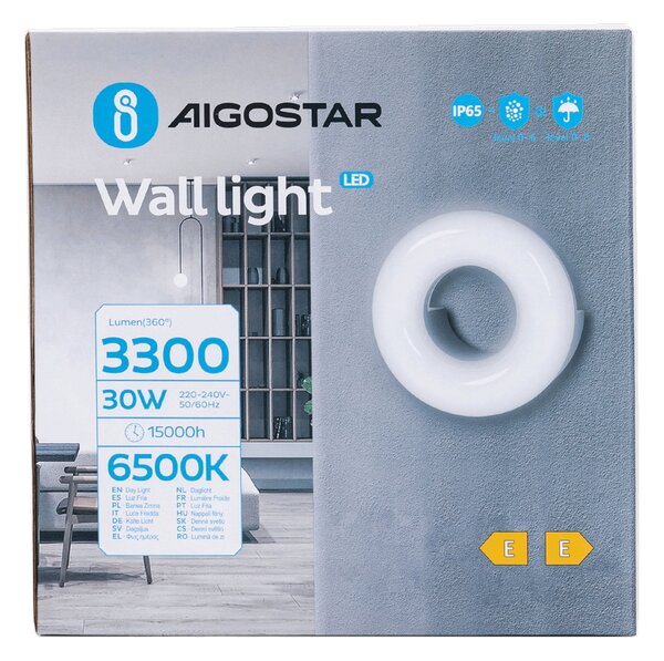 Applique Led da parete Donut 30W rotondo Nero IP65 Bianco freddo 6500K Aigostar