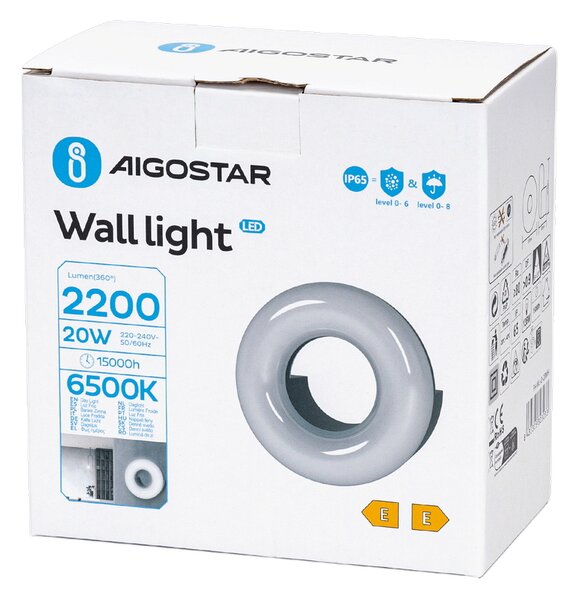 Applique Led da parete Donut 20W rotondo Nero IP65 Bianco freddo 6500K Aigostar