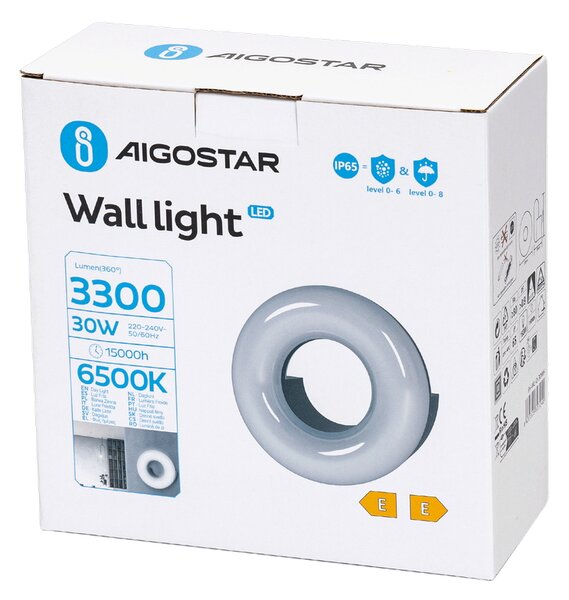 Applique Led da parete Donut 30W rotondo Nero IP65 Bianco freddo 6500K Aigostar