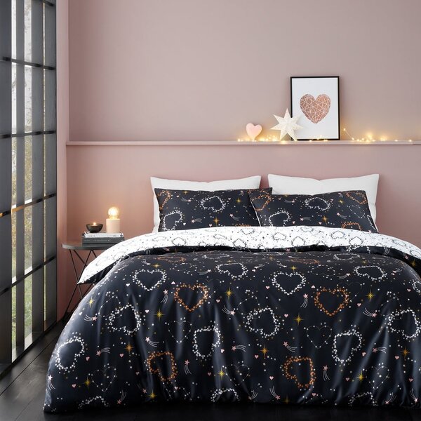 Biancheria da letto bianca e nera per letto matrimoniale 200x200 cm Cosmic Hearts and Stars - Catherine Lansfield