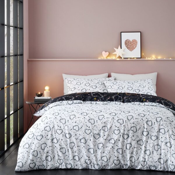 Biancheria da letto bianca e nera per letto matrimoniale 200x200 cm Cosmic Hearts and Stars - Catherine Lansfield