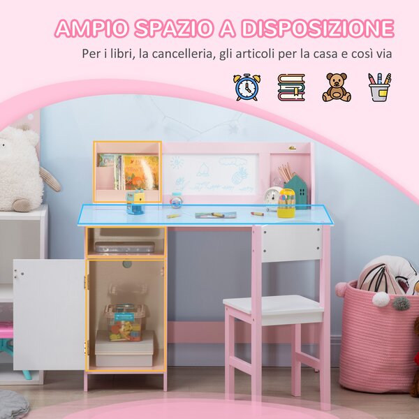 HOMCOM Set Tavolo e Sedie per Bambini 5+ Anni in Legno con Banco Scuola 90x45x85 cm e Sedia 29x29x66 Bianco e Rosa
