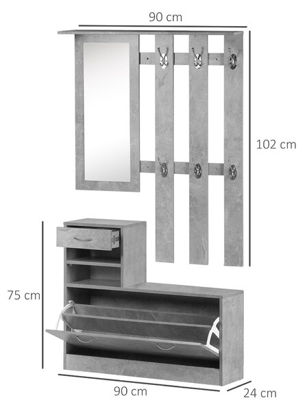 Homcom Mobile da Ingresso Appendiabiti con Scarpiera e Specchio, Mensole e Cassetto, 90x22x116cm Grigio Cemento|Aosom