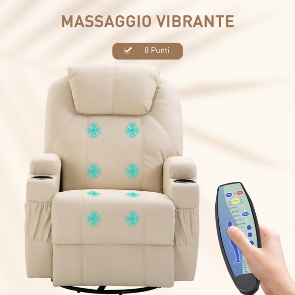 HOMCOM Poltrona Massaggiante con rotazione a 360° e reclinazione, con 2 Portabicchieri,, Poggiapiedi e 4 Tasche Laterali, Crema| Aosom Italy