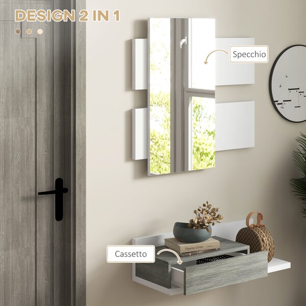 HOMCOM Set 2 Pezzi Mobile Cassetto scorrevole e Specchio da Ingresso, Design Sospeso, per soggiorno e camera, in MDF, Grigio e Bianco| Aosom Italy