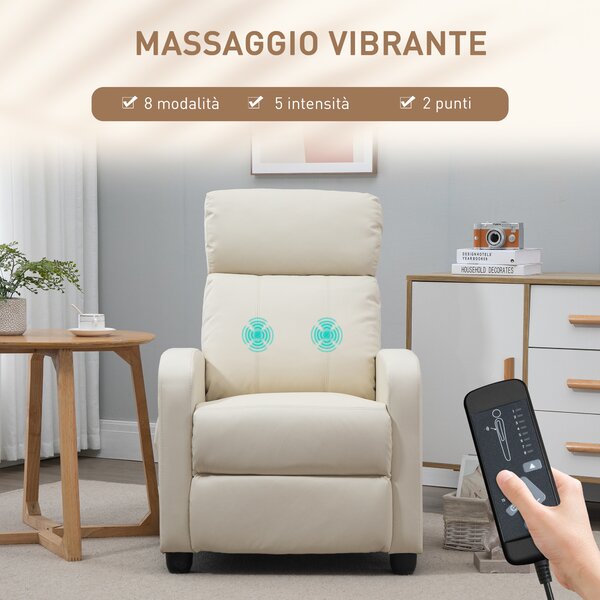 HOMCOM poltrona Massaggiante Reclinabile fino a 150 con Telecomando e 8 Programmi, Tasca laterale e Poggiapiedi, in Similpelle PU, Crema| Aosom Italy